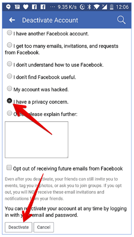 how to deactivate Facebook account-mobile app